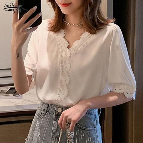 

women chiffon shirt short sleeve blouse spring summer elegant sweet v-neck korean white hollow out blusas femininas 8988 50 women's blo