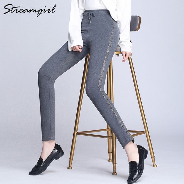 

high waist women pants plus size sweatpants fall women trousers casual plus size women's stretch pants black femme pantalon 210421, Black;white