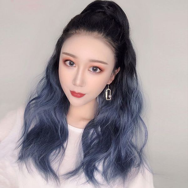 

gradient wig highlights woman color fashion fluffy long curly hair big wave high ponytail grab braid haze blue, Black;brown