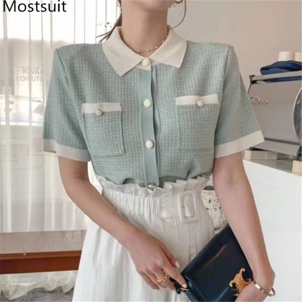 

summer korean vintage knitted t-shirts women short sleeve turn-down collar single-breasted fashion tees tshirt 210518, White