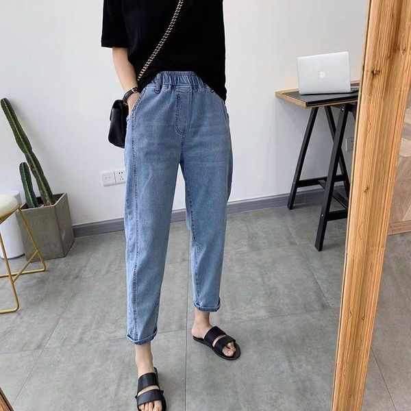 

women's jeans women skyblue high waist denim pants vintage washed casual boyfriend fashion straight slim korean trouser e316, Blue