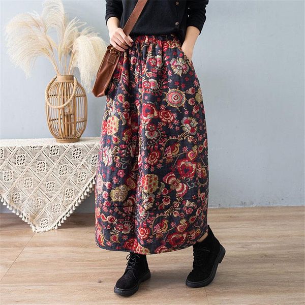 

fall winter thick plus size skirt retro cotton and linen printed quilted all-match elastic waist casual mujer faldas y1047 skirts, Black