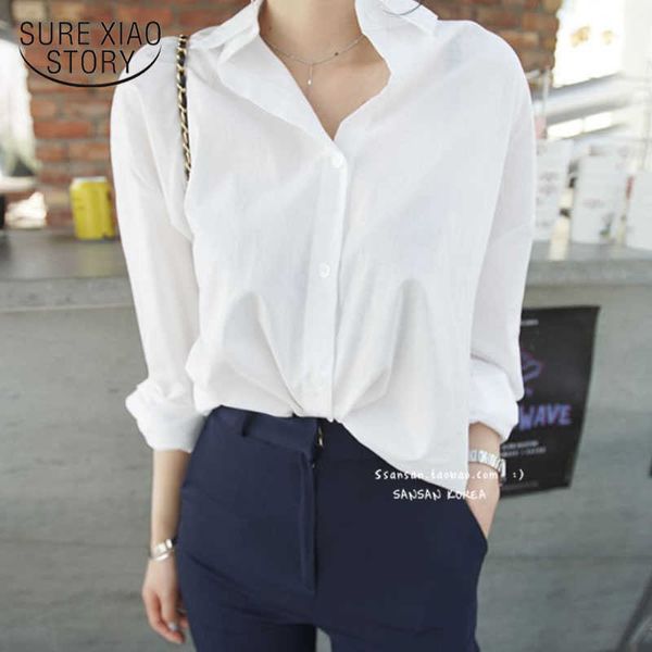 Mulheres sólidas colarinho colarinho branco camisa batwing manga botão up longo blusa feminina coreia estilo solta blusa chegada 11274 210527