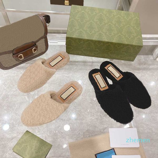 

designer winter women men slippers wool warm fur pointed slipper house outside splicing autumn womens slides sandals midsole thick bottom, Black