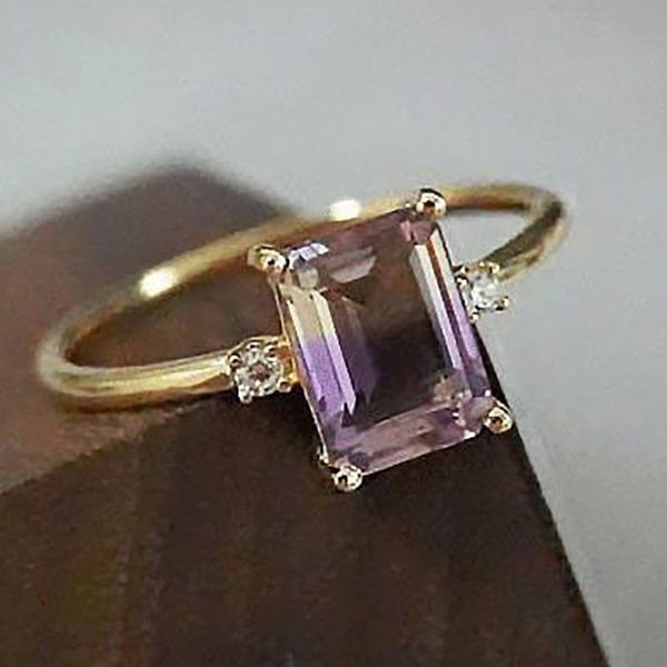 

original inlaid amethyst faceted geometric open ring niche light luxury charm women's brand silver jewelry cluster rings, Golden;silver