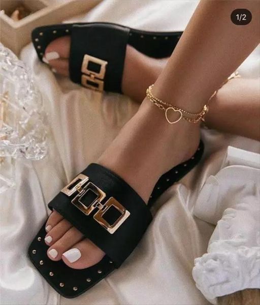 

slippers women's 2021 suede printed metal decorative square head flat-bottomed comfortable fashion casual sandals and 3kc041, Black