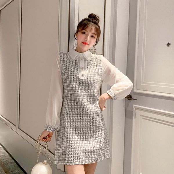 

fashion designer fashion week autumn winter ma'am pattern small fragrant wind splicing chiffon sleeve tweed plaid dress 210522, Black;gray
