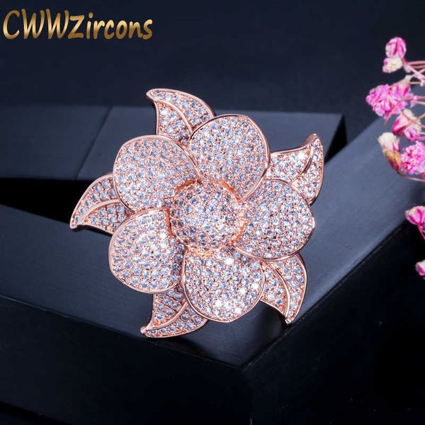 Folha de flor de luxo Micro Pave Cúbica Zircônia Pedra Grande Rosa Cor Nupcial Cores De Casamento Dedo Anéis de Jóias R124 210714