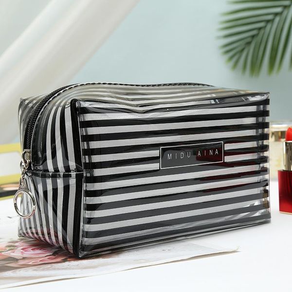 

fashion portable transparent waterproof makeup bag striped zipper cosmetic organizer women travel toiletry bags & cases