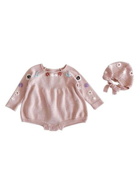 

rompers toddler girl jumpsuit outfit, hand embroidered flower long sleeve short romper optional hat footless pajamas for 0-2 years old, Blue