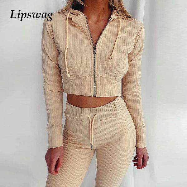 

women's tracksuits two piece set tracksuit zipper ribbed harajuku hoodie crop + long pants sports suit sweatshirt sportswear clothes f, Gray