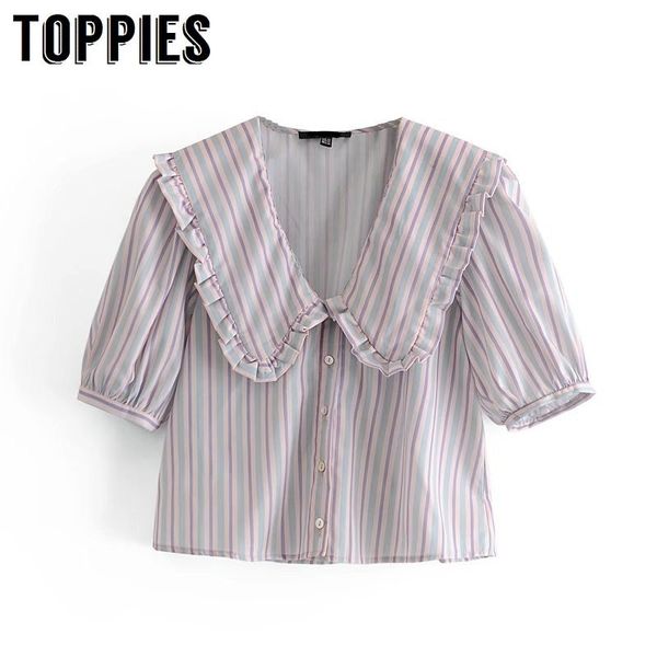 

ies spring summer short sleeves blouse women striped sweet blouses 210412, White