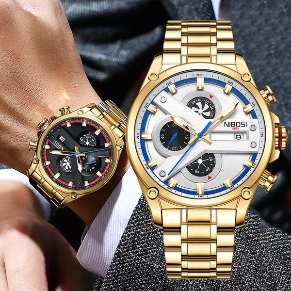 

wristwatches 2022 nibosi fashion mens watches luminous chronograph stainless steel quartz gold men watch relogio masculino, Slivery;brown