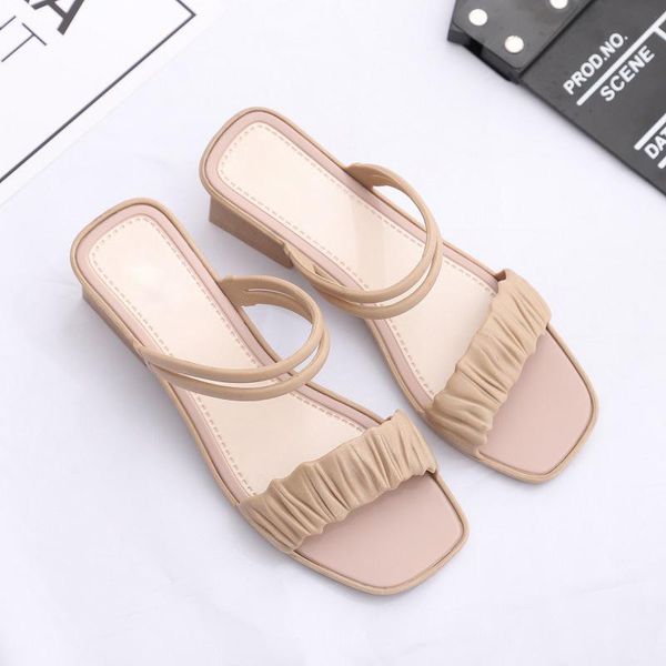 

slippers women pleated sandals ladies square toe slides female narrow band shoes woman summer casual flat women's beach footwear, Black