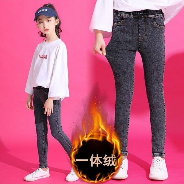 

jeans children girls 2021 fall winter fashion elastic waist pants kids warm plus velvet skinny for trousers clothes, Blue