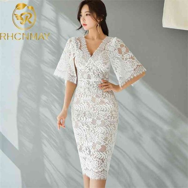 

summer party dress women elegant lace v-neck flare sleeve slim sheath bodycon formal ol office 210520, Black;gray