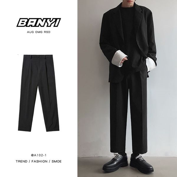 

men's pants korean suit fashion solid color business dress men loose casual mens straight wide leg m-3xl rks2, Black