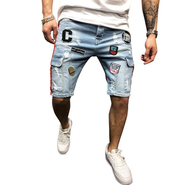 

Fashion 2021 Embroidered Washed Capris Multi Pocket Shorts Jeans, Blue