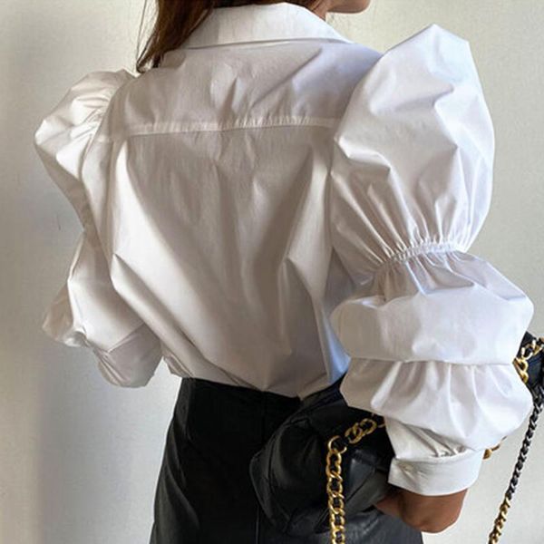 

[ewq] 2021 spring women fashion sweet blouse turn-down collar long-sleeved puff pleated sleeve minimalist loose shirt 8q1010 women's bl, White