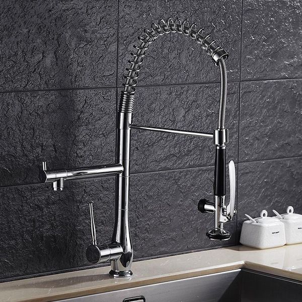 

kitchen faucets chrome brass double swivel spout spring sink faucet pull ou mixer tap torneira cozinha