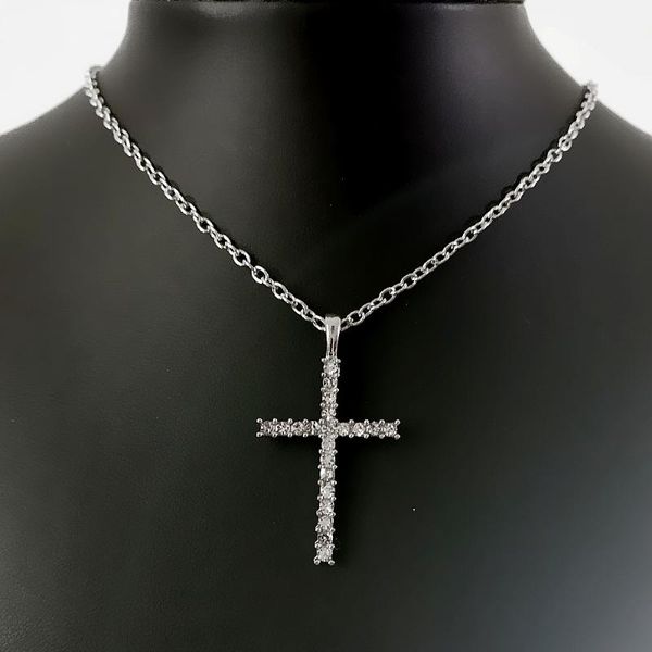 

chains shiny rhinestone inlaid metal cross pendant bead chain necklace religion jewelry, Silver