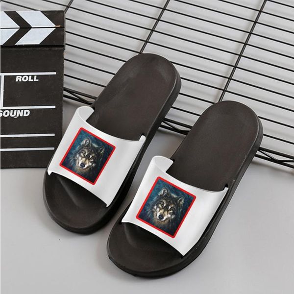 

slippers men stylish wolf pattern indoor flat summer beach sandals slides home non-slip flip flop, Black