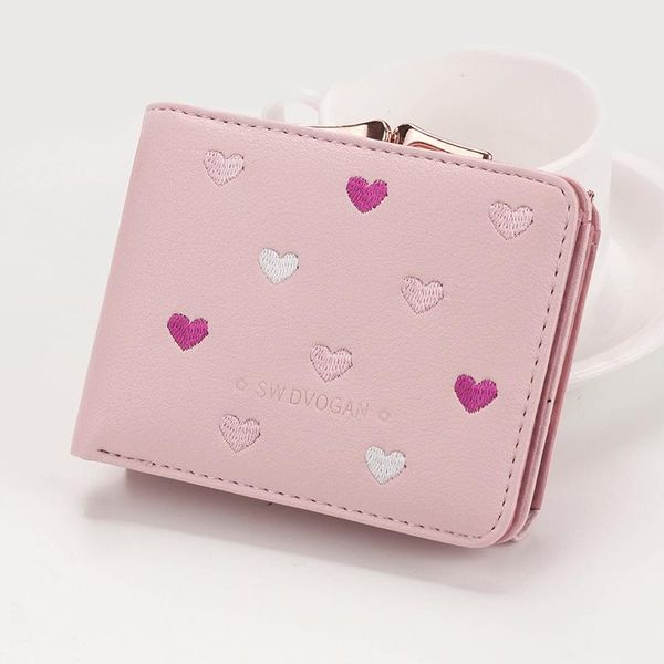 

wallets women small pu purses portable female fashion hasp wallet short embroidery heart pattern, Red;black