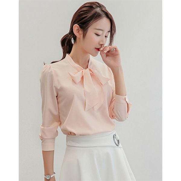 Frühling Herbst Das koreanische beiläufige Chiffon-Bluse-Hemd-Rosa-weiße Büro-Frauen-Oberteile 210607