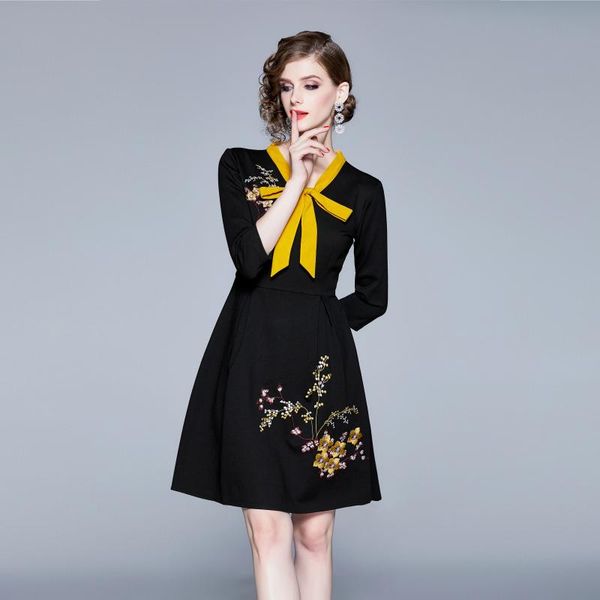 

autumn winter floral embroidery dress women elegant bow collar aline knee length office robe femme vintage party black vestidos casual dress, Black;gray