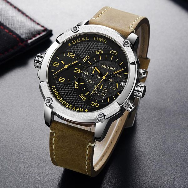 

wristwatches megir design dual time zone quartz watch men waterproof sports fashion luxury army military watches for relogio masculin, Slivery;brown
