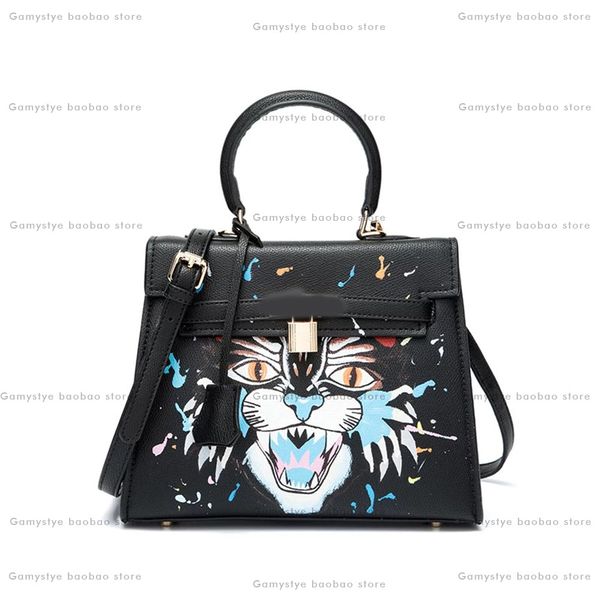 

punk rock punk rock tiger shouting graffiti art hand painting draw custom women totes cowhide handbags genuine leather bags