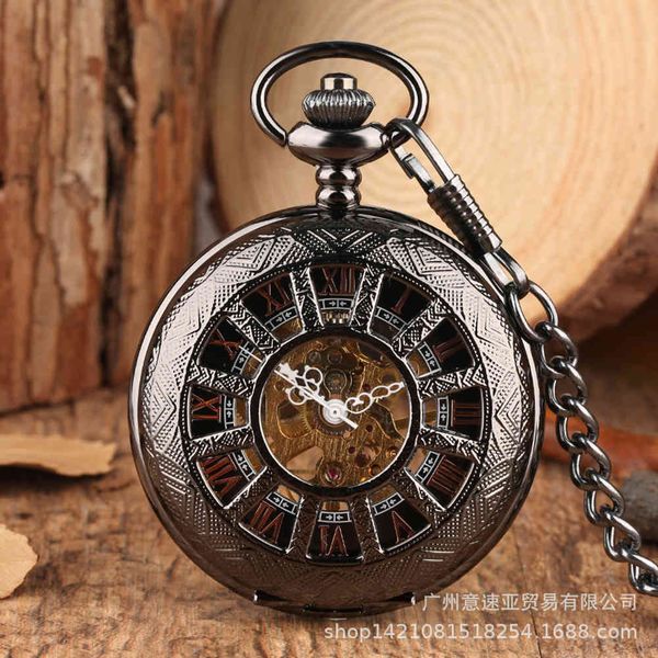

new black large windmill carved pattern roman pocket watch, Slivery;brown