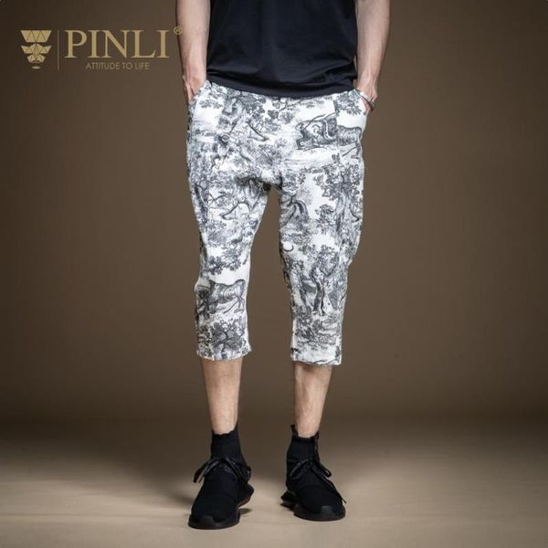 

pinli 2021 summer slim printed pencil pants casual men capri 100% cotton elastic jeans knee length b202416248 men's, Blue