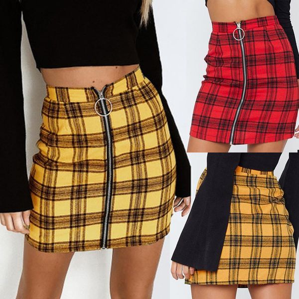 

faldas plaid zipper slim women skirts high waist hip short mini jupe femme, Black