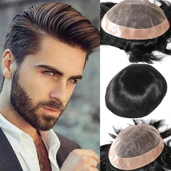 

real human hair men's unit breathable lace fine mono hairpieces super durable poly coating replacement system black toupee