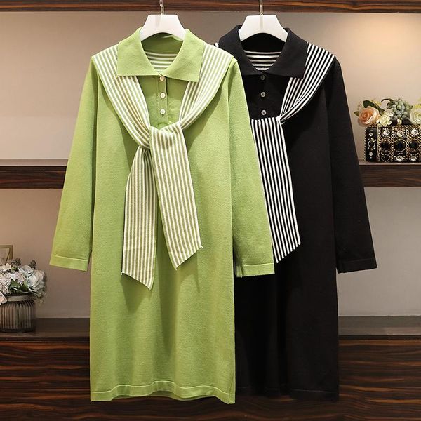 

casual dresses plus size party oversized woman winter elegant evening ladies black dress 2021 spring autumn long sleeve striped stitch knitt, Black;gray