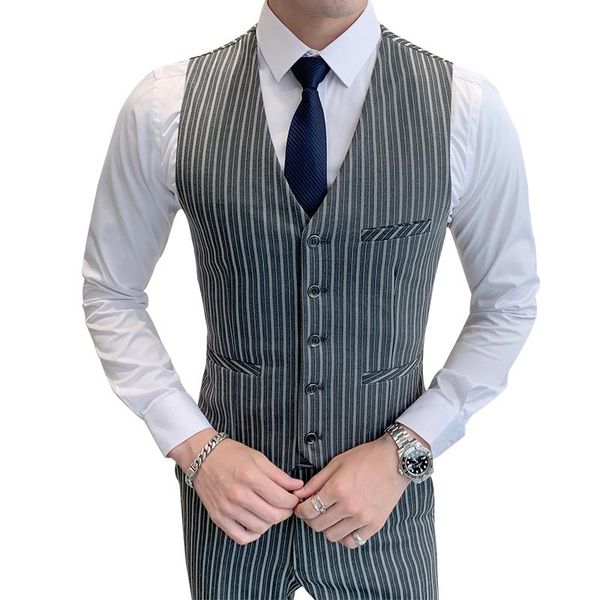 

men's vests grey striped vest and pants wedding party dress pant set autumn fashion black men waistcoat trousers, Black;white