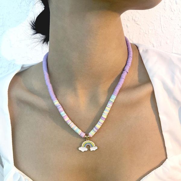 

chokers cute rainbow pendant necklace enamel geometry sweet handmade soft pottery fashion clavicle chain women jewelry, Golden;silver