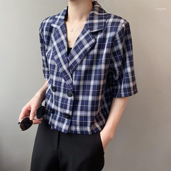 

women's blouses & shirts double lapel plaid shirt 2021 autumn korean style short suit coat1, White