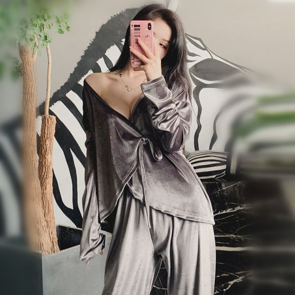 

women's sleepwear ladies pleuche pajamas women v-neck veet oblique lace suits pants 2pcs sets sleep lounge pijama pyjamas homewear, Black;red