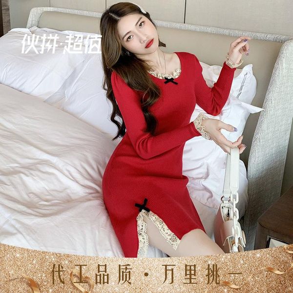 

autumn 2021 round neck long sleeve lace stitching waist shows thin feminine knitting dress fashion casual dresses, Black;gray