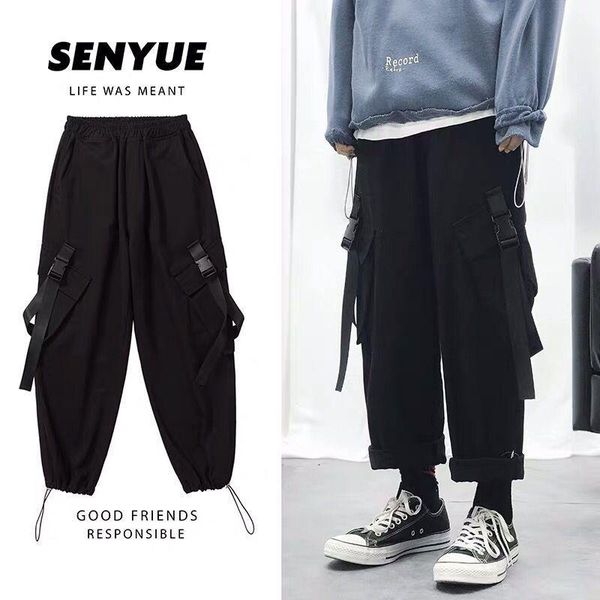 

men's pants mens fashion 2021 business casual outdoor fitness sweatpants men jogger black plus size pockets rope buckle decoration