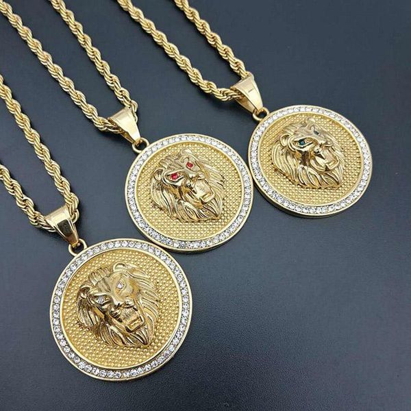 

pendant necklaces micro paved cz stone iced out bling lion necklace 316l stainless steel men hip hop rock jewelry with 24" gold chain, Silver