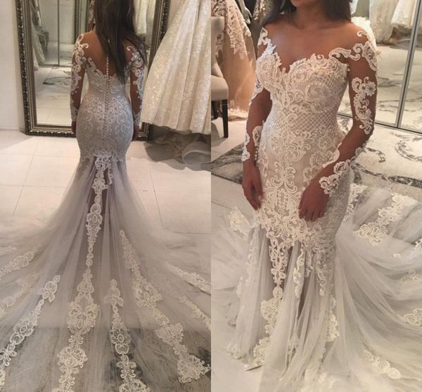

2022 bridel gown new vintage lace tulle pearls elegant mermaid wedding dresses illusion long sleeve robe de mariage vestidos, White