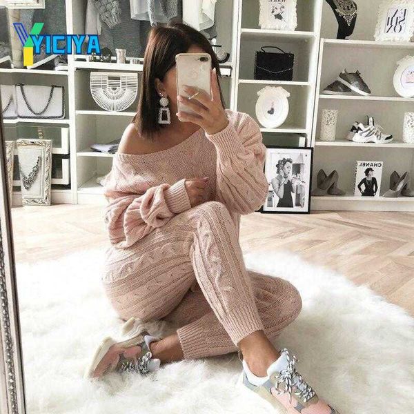 

yiciya knitted suit female y2k sweater and pants two piece set women crop pant 2 piece sets womens outfits tracksuit women 210925, White