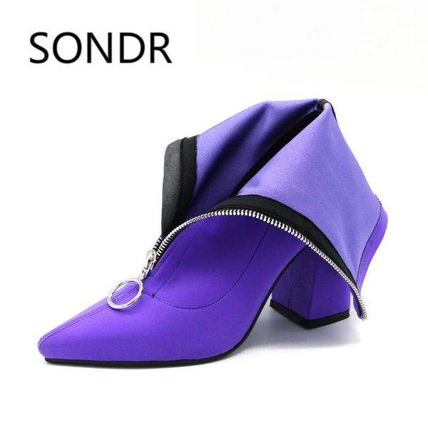 

boots 2021 autumn women pointed toe square heel shoes woman fashion bota feminina ankle black purple rose red