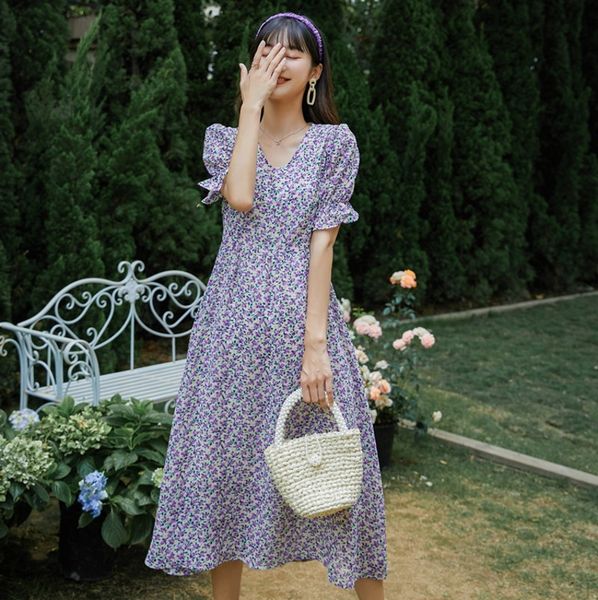

summer women retro chic purple floral printted long dress female v-neck short sleeve a line back hollowing out dress 210514, Black;gray