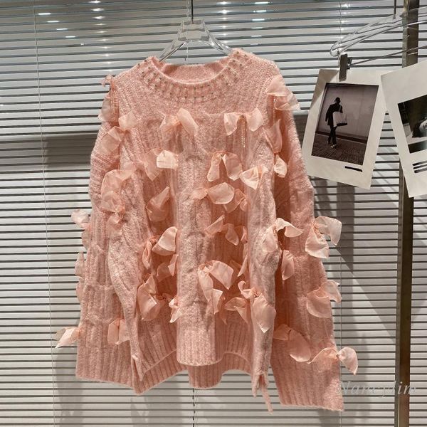 

women's sweaters oversized sweater women 2021 autumn winter three-dimensional mesh bow bead necklace rhinestone loose warm knitted jump, White;black