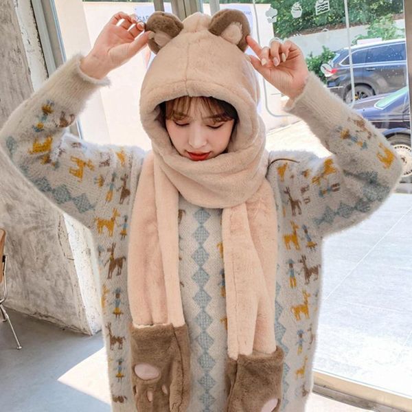 

berets winter all-in-one plush hat scarf gloves three-piece warm hats cycling bear ears, Blue;gray