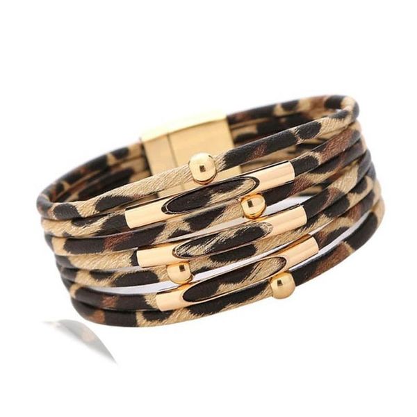

bangle selling alloy magnet clasp leopard-print bracelet pierced with beads commodity leather copper tube bracelets for women, Black